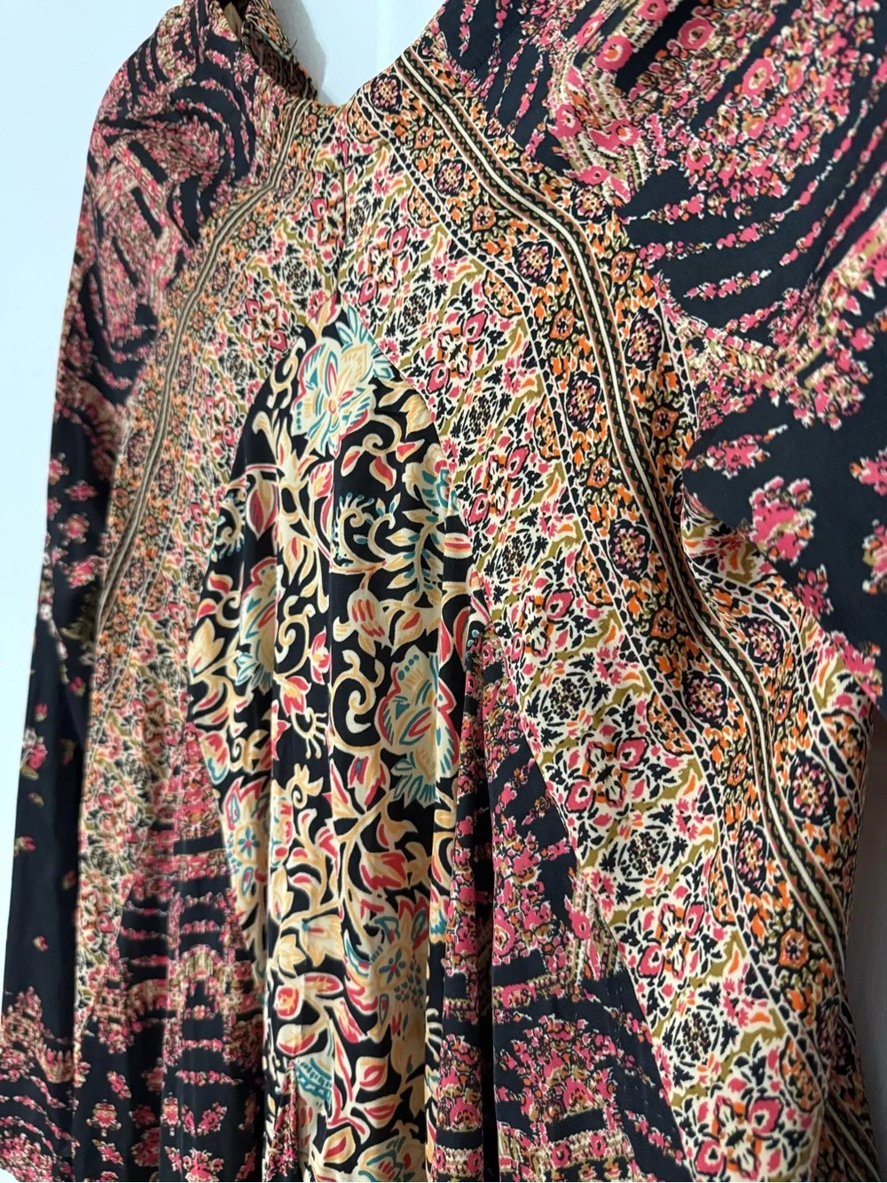 Free People Black Floral Mixed-Print Tunic with Teal and Mustard Accents